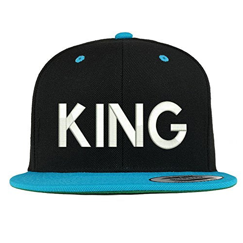 Trendy Apparel Shop King Embroidered Premium 2-Tone Flat Bill Snapback Cap - color: Black Teal