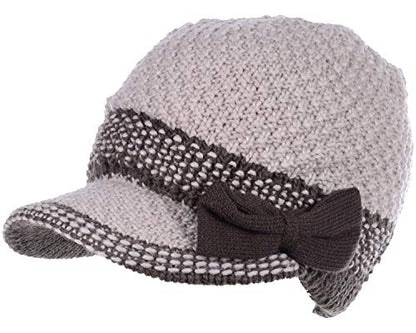 BYOS Womens Winter Chic Cable Warm Fleece Lined Crochet Knit Hat W/Visor Newsboy Cabbie Cap - color: Brown Bow