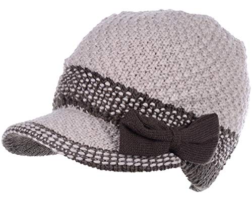 BYOS Womens Winter Chic Cable Warm Fleece Lined Crochet Knit Hat W/Visor Newsboy Cabbie Cap - color: Brown Bow