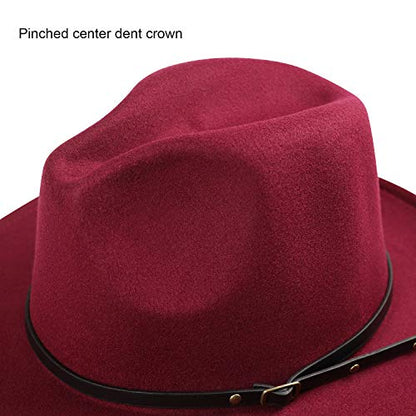 DRESHOW Women Classic Felt Fedora Wide Brim Floppy with Belt Buckle Panama Hat - color: 1 Pack: Felt Fedora Wine Red