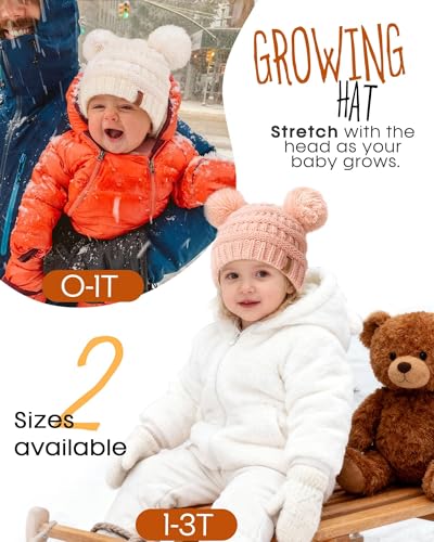 FURTALK Baby Winter Knitted Beanie Hat Soft Warm Pom Poms Toddler Skull Cap - color: Pink+white+grey, size: 0-12 Months