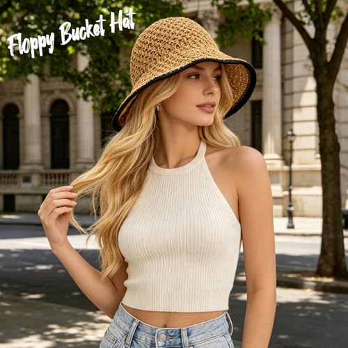 Sun Hat for Women Summer Straw Beach Hats Bucket Hat Floppy Crochet Hat - color: Khaki/Black