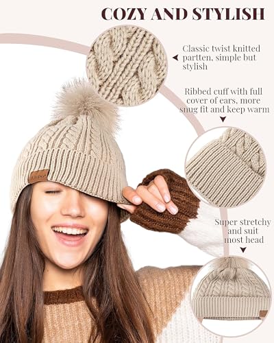 Alepo Womens Winter Beanie Hat, Warm Fleece Lined Knitted Soft Ski Cuff Cap with Pom Pom - color: Soft Gray
