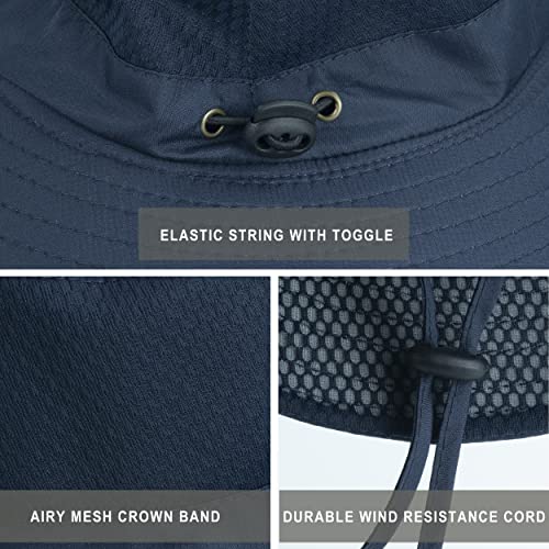 Mens Sun Hat Wide Brim Breathable Mesh UPF 50+ Waterproof Fishing Hat Safari Hat Foldable Boonie Cap - color: Navy Blue