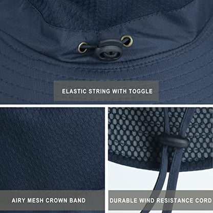 Mens Sun Hat Wide Brim Breathable Mesh UPF 50+ Waterproof Fishing Hat Safari Hat Foldable Boonie Cap - color: Navy Blue