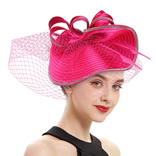 Beaupretty Fascinators Hat Headband - Fascinators Headpiece Fascinators Hat for Women Girls Veil Mesh Headband Tea Party Hat - color: Rosy