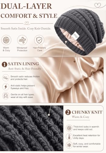 FEQO 6 Pack Satin Lined Beanies Slouchy Beanie Oversized Cable Knit Caps - color: Black, Dark Gray, Light Grey, Khaki, Army, Navy