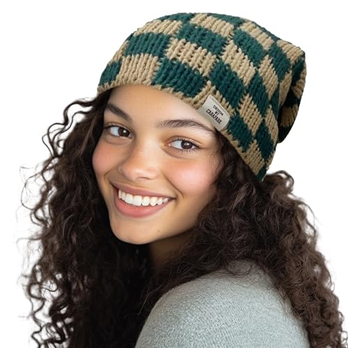CLAPE Womens Cute Slouchy Beanies Hats, Winter Warm Chunky Checkered Beanie Large Cuff Knitted Hat Ski Cap for Cold Weather - color: Kh56-khaki-green