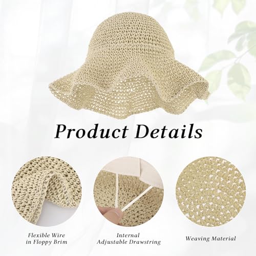 Womens Wide Brim Straw Sun Hat, Floppy Summer Straw Beach Hats, Foldable Crochet Summer Travel Beach Sun Cap - color: Beige