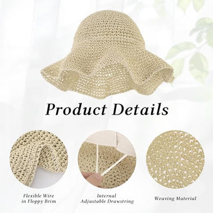 Womens Wide Brim Straw Sun Hat, Floppy Summer Straw Beach Hats, Foldable Crochet Summer Travel Beach Sun Cap - color: Beige