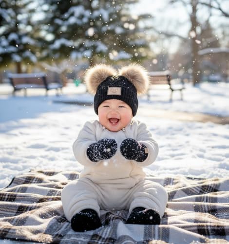 Funky Junque Baby Double Faux Fur Pom Pom Beanie & Mittens Set – Newborn Infant 0–9 Months Winter Hat with Soft Lined Mittens - color: Diagonal Basketweave: Black (0-9 Months)