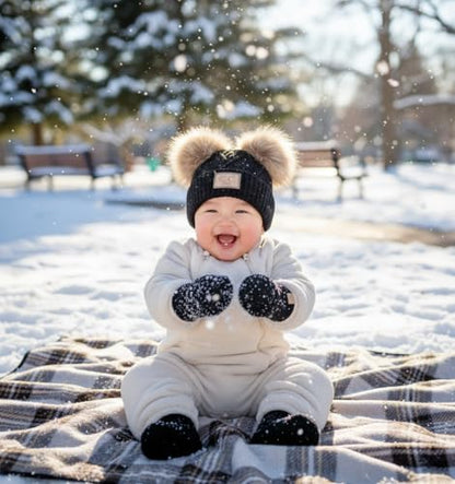 Funky Junque Baby Double Faux Fur Pom Pom Beanie & Mittens Set – Newborn Infant 0–9 Months Winter Hat with Soft Lined Mittens - color: Diagonal Basketweave: Black (0-9 Months)