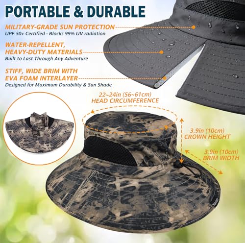 Wide Brim Sun Bucket Hat, Waterproof Boonie Hat for Men & Women - color: 05 Khaki (Camo)