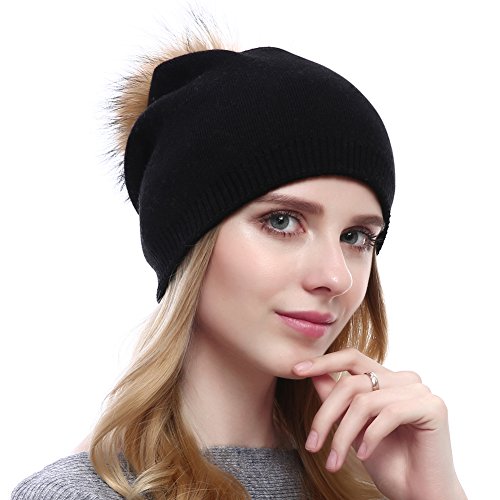 Women Knit Wool Beanie - Winter Fashion Solid Wool Hats Real Removable Raccoon Fur Pom Pom Warm Ski Beanie - color: 03- Black