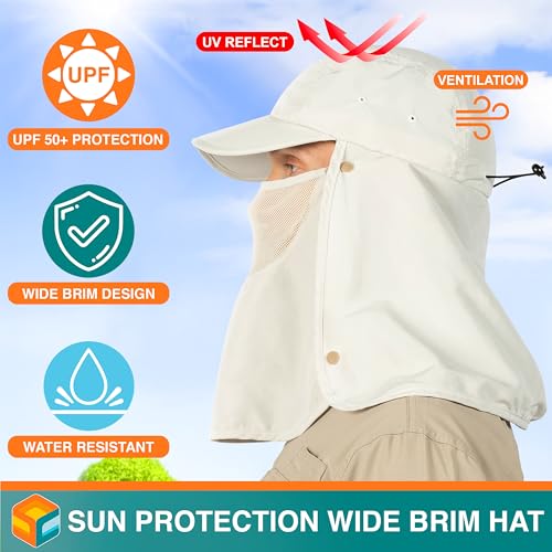 SUN CUBE Fishing Sun Hat with Neck Flap & Face Cover, Wide Brim UPF50+ Cap - color: Beige