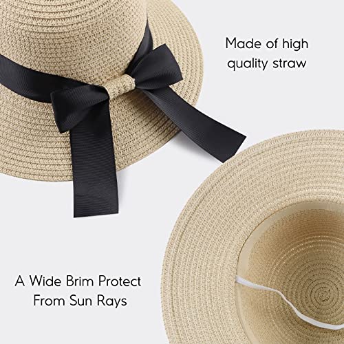 Zsedrut Women,Little Girls Straw Sun Hat Summer Beach Cap Foldable Visor Floppy Hats Wide Brim with Bowknot - color: Beige2, size: One Size