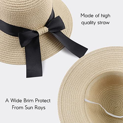Zsedrut Women,Little Girls Straw Sun Hat Summer Beach Cap Foldable Visor Floppy Hats Wide Brim with Bowknot - color: Beige2, size: One Size