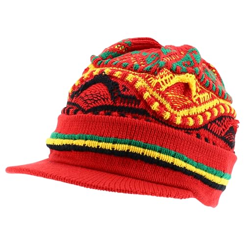 Armycrew Rasta Jamaica Style Thick Acrylic Knit Cuff Beanie Visor - color: Red Rgy