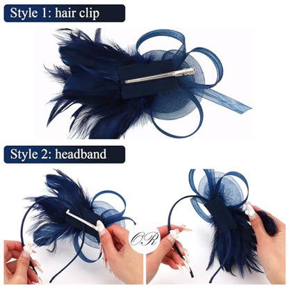 Womens Fascinators Hats and Lace Fishnet Gloves Short Tea Party Hats Feather Headband for Wedding Cocktail - color: Midnight Blue