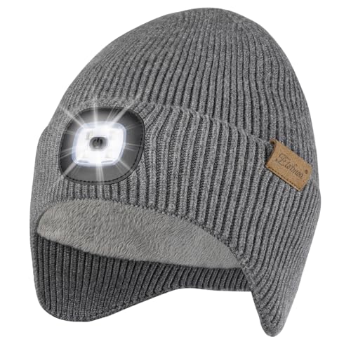 Etsfmoa Hat with Light,Fleece Lined Beanie with Earflaps,Gifts for Men Dad - color: Grey