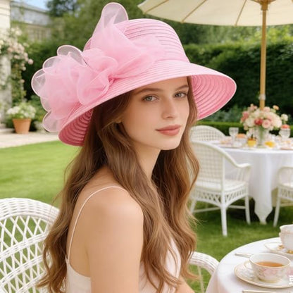 DRESHOW Lady Derby Dress Church Bowler Cloche Hat Bowknot Organza Bridal Cap for Wedding - color: 1 Pack Bowler Hat: Pink
