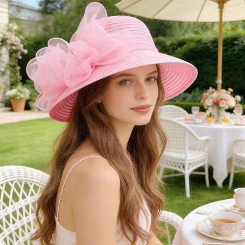 DRESHOW Lady Derby Dress Church Bowler Cloche Hat Bowknot Organza Bridal Cap for Wedding - color: 1 Pack Bowler Hat: Pink