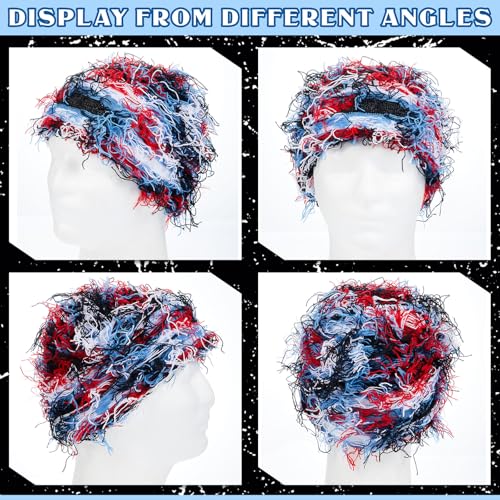 Chuarry Distressed Knitted Beanie Fuzzy Winter Hat - color: Assorted Blue White Red