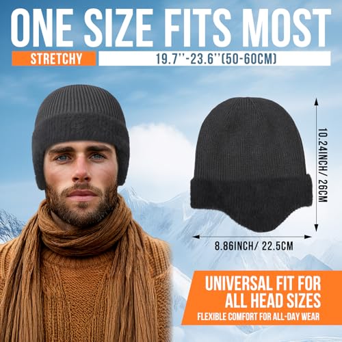 Bencailor 3 Pcs Knit Beanie Hats Winter Beanie with Earflap Black Gray Fleece Lined Hats for Men Women Warm Skull Cap Unisex Daily Headwear Winter Gifts