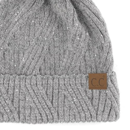 C.C Sequin Pom Beanie for Women - Acrylic Stretchable Soft Warm Knit Winter Skully Hat with Yarn Pom - color: Angora-grey