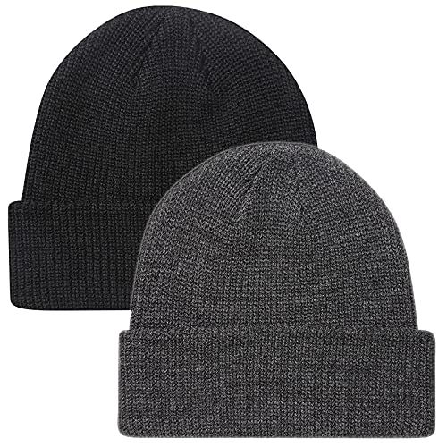 Beanie Hat Knit Ski Cap Fisherman Beanie for Men Women - color: 2pack Black/ Grey Heather