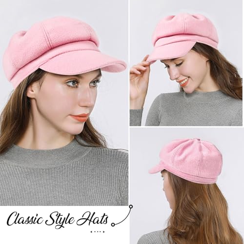 Women’s Newsboy Cap Wool Blend Retro Solid Color Girls Fashion Gatsby Cabbie Visor Beret Hat - color: Pink