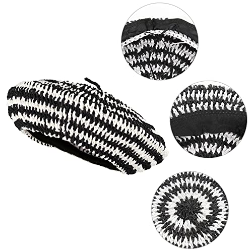Women Summer Straw Woven Sunhat Classic Beret Artist Painter Sun Hat Cap - color: Stripes Black