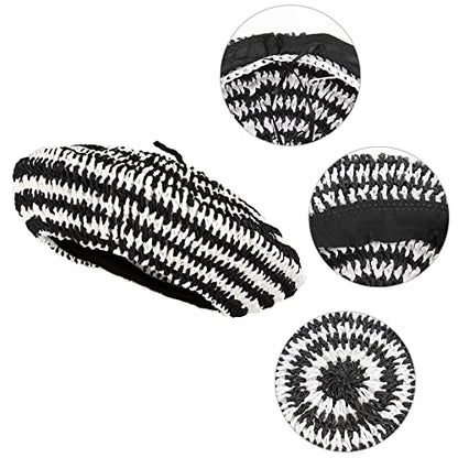 Women Summer Straw Woven Sunhat Classic Beret Artist Painter Sun Hat Cap - color: Stripes Black