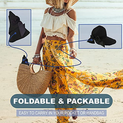 Straw Sun Visor for Women, Wide Brim UPF 50+ Protection Beach Hat, Adjustable, Roll Up Foldable Ponytail Cap with Chin Strap - color: A Black