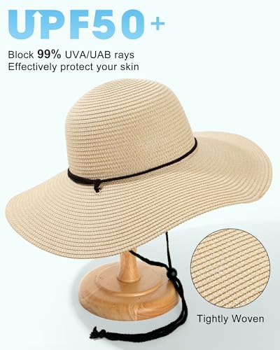 Sun Hats for Women, Summer Wide Brim Straw Beach Hat - color: Beige Khaki, size: Large