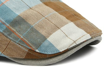 Mens Plaid Newsboy Flat Cap Ivy Gatsby Driving Hunting Cabbie Hat - color: Khaki-plaid a