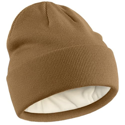 Fleece Lined Wool Beanie Hat Men Women, Warm Cuffed Winter Cap - color: Coffee