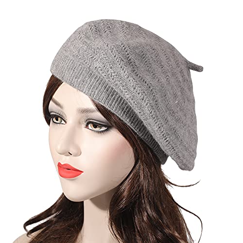 ZLYC Women French Beret Hat Reversible Solid Color Knit Warm Artist Cap - color: Knit Gray