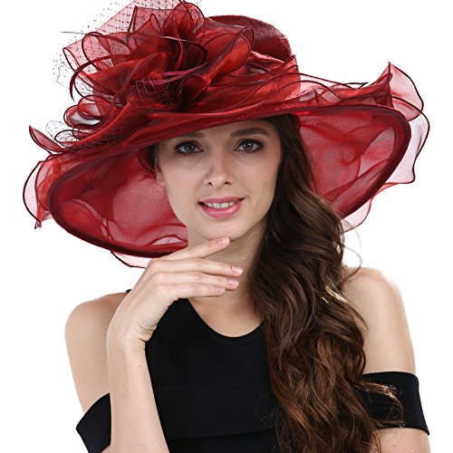 Janey&Rubbins Women's Feathers Floral Fascinating Wide Brim Lightweight Church Derby Hat - color: Burgundy