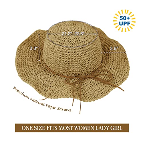 Women Sun Hat Wide Brim Floppy Beach Hat Breathable UV UPF 50+ Straw Hat Foldable Packable Summer Outdoor Cap - color: Light Coffee