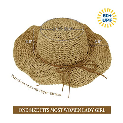 Women Sun Hat Wide Brim Floppy Beach Hat Breathable UV UPF 50+ Straw Hat Foldable Packable Summer Outdoor Cap - color: Light Coffee
