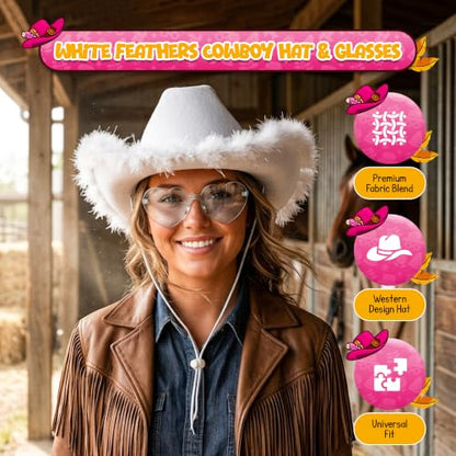 4E's Novelty Cowboy Hat with feathers With Heart Shaped Sunglasses for Women, Felt Cowgirl Hat for Party Costume Dress Up - color: White
