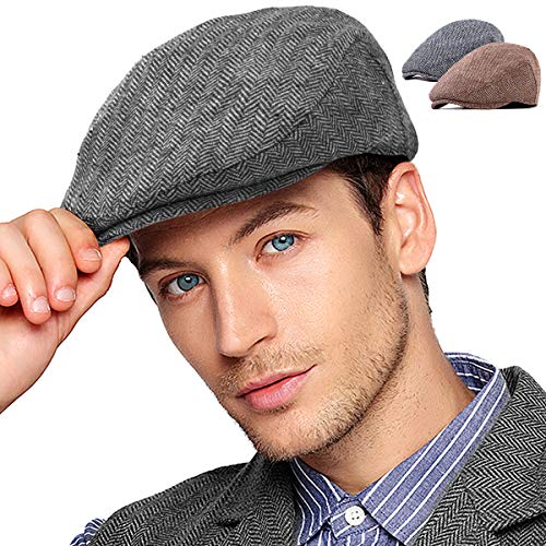 2-Pack Adjustable Newsboy Hats for Men Flat Cap Irish Wool Blend Tweed - color: 004 Brown+grey 2pack, size: X-Large-XX-Large