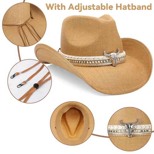 WQWOVRVO Cowboy Hat,Cowgirl Hat,Western Cowboy Hats for Women/Mens/Straw Wide with Shapeable Brim Cowboy Hat for Womens - color: Brown Color