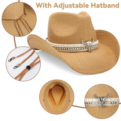 WQWOVRVO Cowboy Hat,Cowgirl Hat,Western Cowboy Hats for Women/Mens/Straw Wide with Shapeable Brim Cowboy Hat for Womens - color: Brown Color
