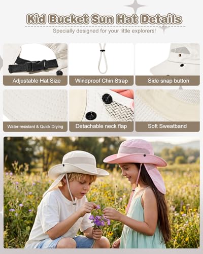 Century Star Kids Sun Hat with Ponytail Hole & Detachable Neck Flap UPF50+ Quick Dry Girls Bucket Hat for Outdoor Beach - color: Beige