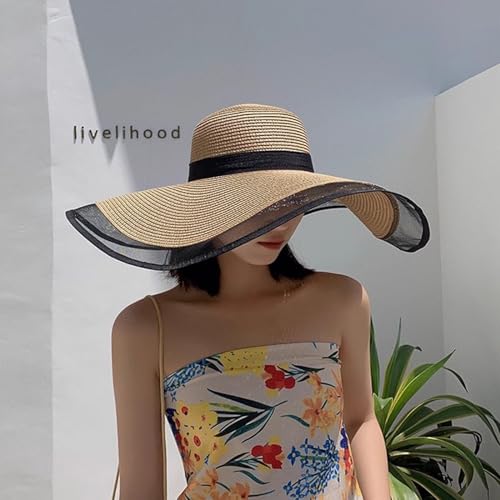 Womens Mens Wide Brim Straw Panama Hat Beach Sun Hat Summer Wide Brim Straw Roll up Hat Fisherman's UPF 50 - color: +Khaki