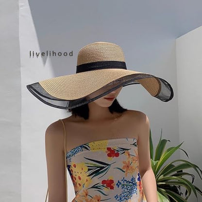 Womens Mens Wide Brim Straw Panama Hat Beach Sun Hat Summer Wide Brim Straw Roll up Hat Fisherman's UPF 50 - color: +Khaki