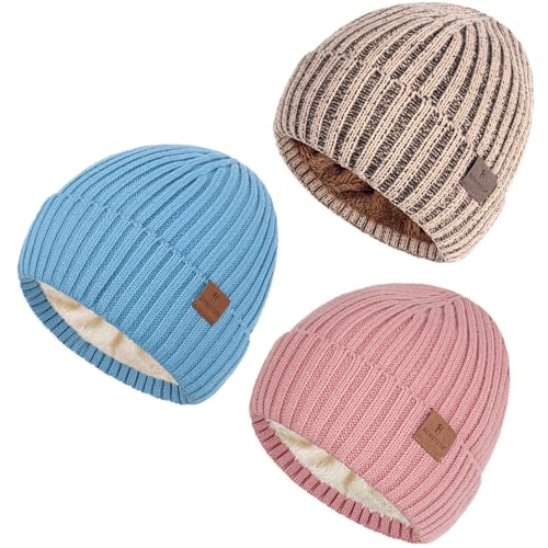 HONGTEYA 3 Pack Winter Beanie for Men Women, Thicken Thermal Plush Lined Beanie Fashion Warm Knit Hat for Cold Weather - color: Blue+camel+pink