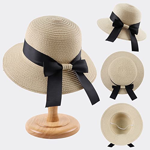 Zsedrut Women,Little Girls Straw Sun Hat Summer Beach Cap Foldable Visor Floppy Hats Wide Brim with Bowknot - color: Beige, size: One Size